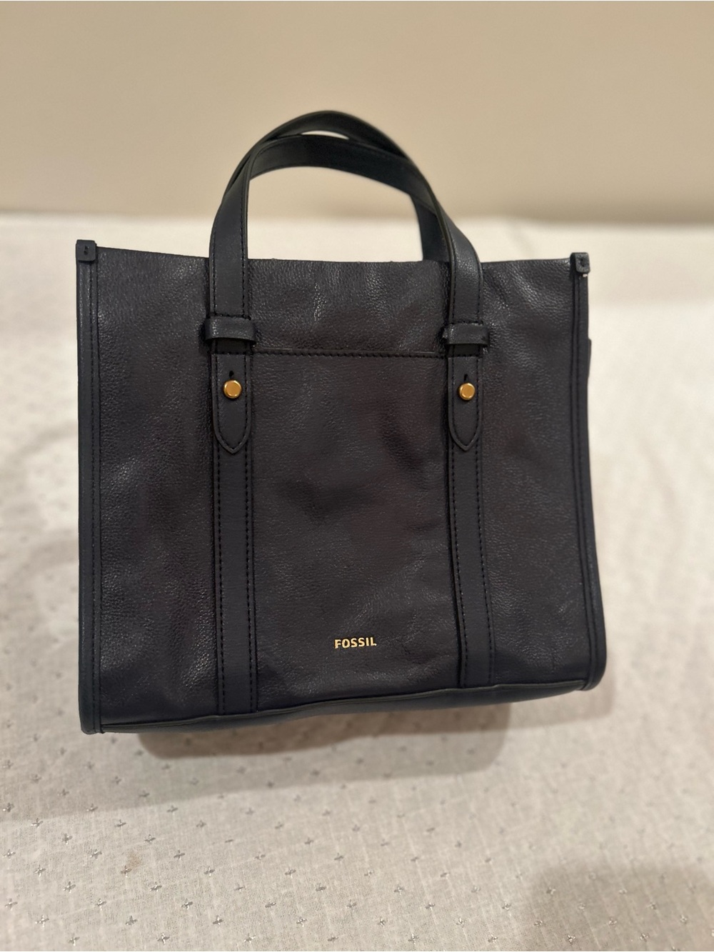 Fossil Navy genuine Leather Structured Tote with Gold Accents